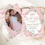 Pink Cherry Blossoms Floral Sweet Sixteen 16 Photo Invitation<br><div class="desc">Personalize this chic cherry blossoms floral Sweet 16 birthday photograph / picture invitation easily and quickly. Simply click the customize it further button to edit the texts, change fonts and fonts colors. Featuring pretty cherry blossoms flowers and pink and rose gold butterflies. Matching items available in store. (c) Somerset Fine...</div>