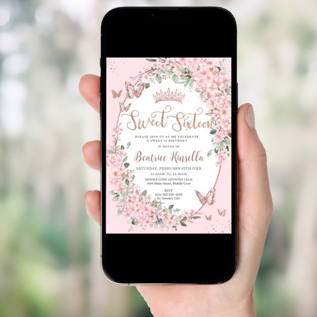 Pink Cherry Blossoms Floral Sweet Sixteen 16 Photo Invitation (Front Digital)