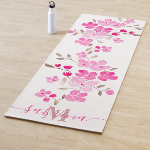 Pink cherry blossoms floral watercolor monogrammed yoga mat