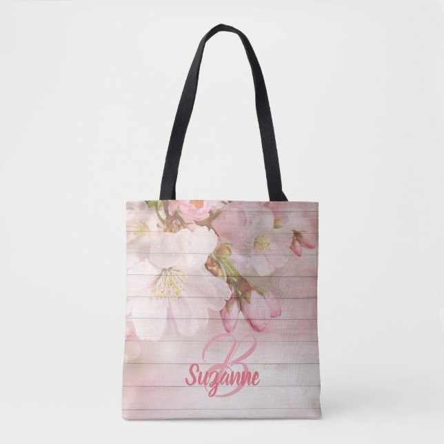 Pink cherry blossoms florals monogram tote bag (Front)