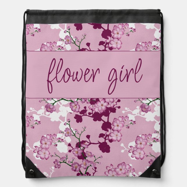 Pink Cherry Blossoms Flower Girl Drawstring Bag (Front)
