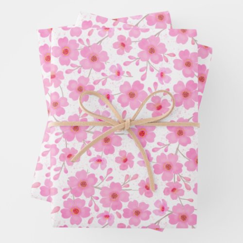 Pink Cherry Blossoms Flowers Watercolor Pattern Wrapping Paper Sheets