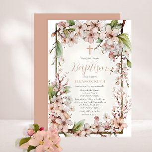 Pink Cherry Blossoms Girl Spring Floral Baptism Invitation