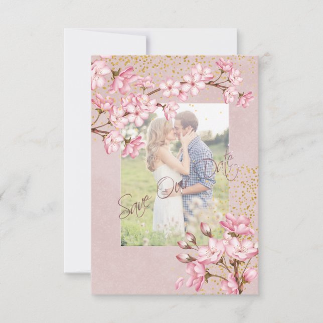 Pink Cherry Blossoms Gold Confetti Save The Date (Front)