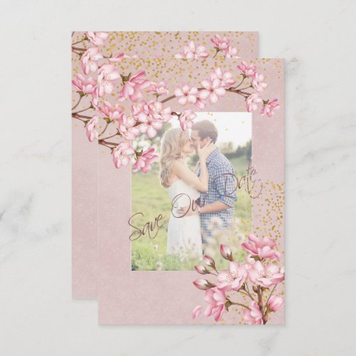 Pink Cherry Blossoms Gold Confetti Save The Date