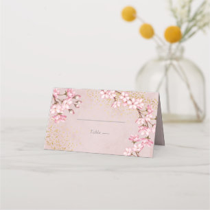 Pink Cherry Blossoms Gold Glitter Wedding Place Card
