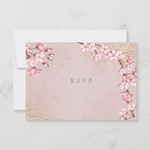 Pink Cherry Blossoms Gold Glitter Wedding  RSVP Card
