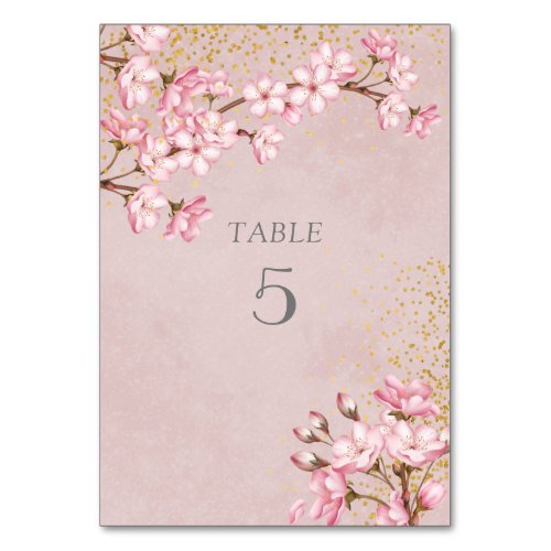 Pink Cherry Blossoms Gold Glitter Wedding Table Number