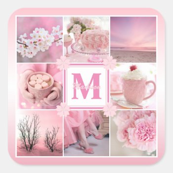 Pink Cherry Blossoms Instagram Photo Grid Sakura Square Sticker by BCMonogramMe at Zazzle