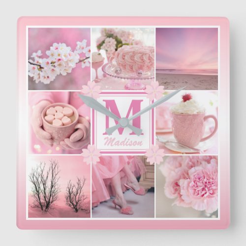 Pink Cherry Blossoms Instagram Photo Grid Sakura Square Wall Clock