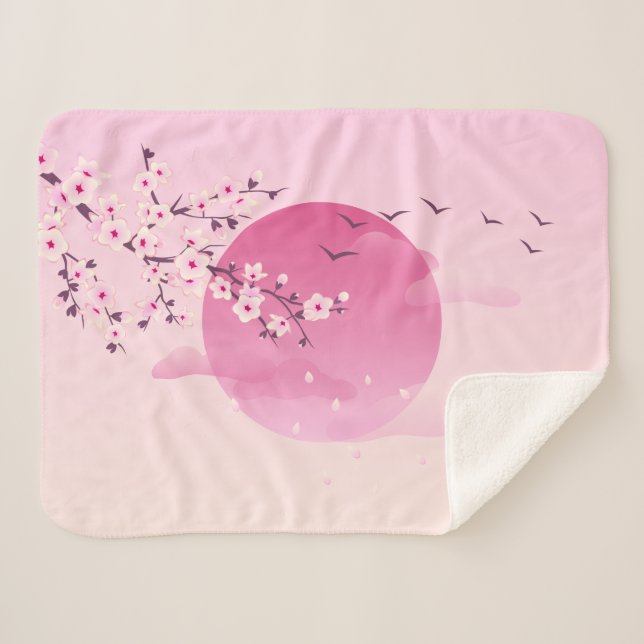 Pink Cherry Blossoms | Japanese Landscape Sherpa Blanket (Front (Horizontal))