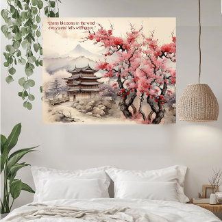 Pink Cherry Blossoms Japanese Sakura Beige Setting Metal Print
