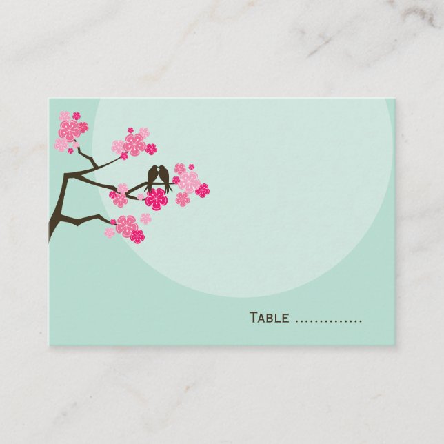 Pink Cherry Blossoms Love Bird Wedding Place Card (Front)