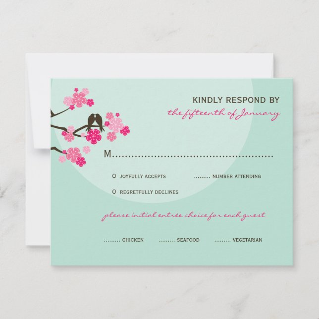 Pink Cherry Blossoms Love Birds Wedding RSVP Card (Front)