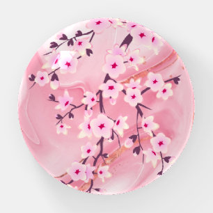 Pink Cherry Blossoms Marble Background Floral Paperweight