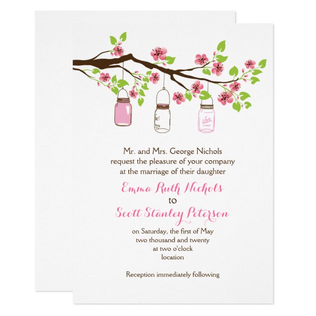 Pink Cherry Blossoms & Mason Jars Spring Wedding Invitation