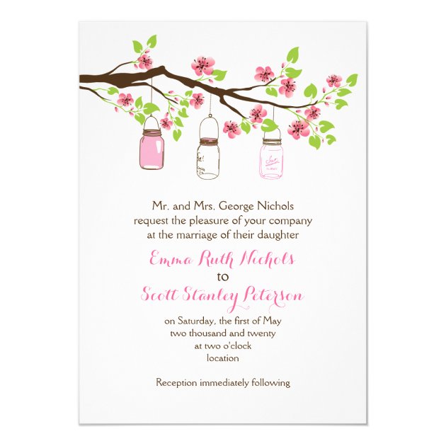 Pink Cherry Blossoms & Mason Jars Spring Wedding Invitation
