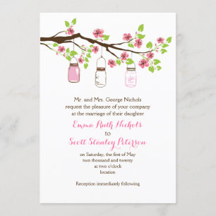 Pink cherry blossoms & mason jars spring wedding invitation