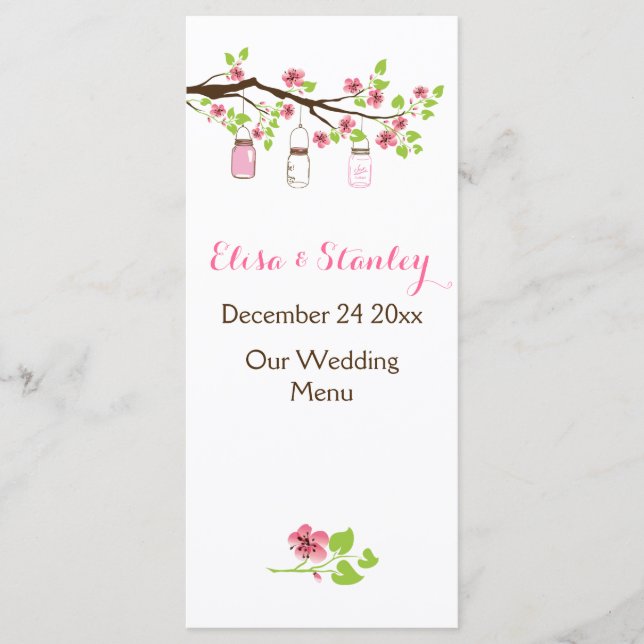 Pink cherry blossoms, mason jars wedding menu card (Front)