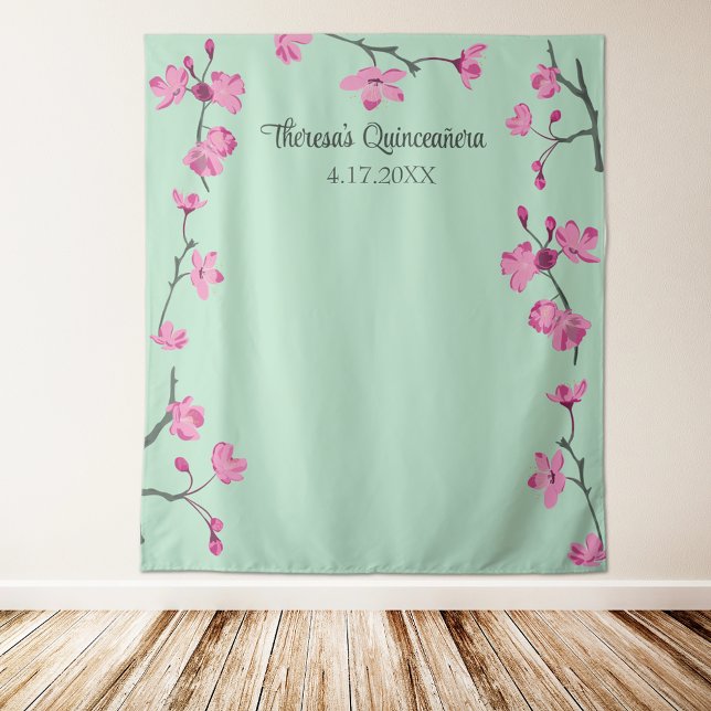 Pink Cherry Blossoms, Mint Green Custom Backdrop (Creator Uploaded)