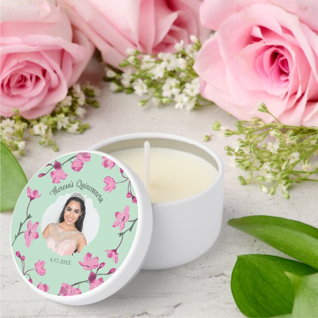 Pink Cherry Blossoms, Mint Green, Photo Mini Candle Favors (Insitu (Wedding))