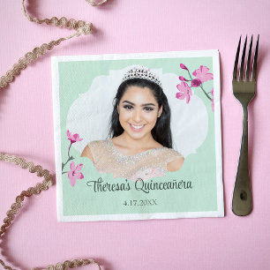 Pink Cherry Blossoms, Mint Green, Photo Napkins