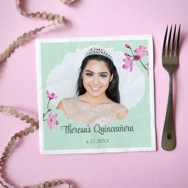 Pink Cherry Blossoms, Mint Green, Photo  Napkins (Creator Uploaded)
