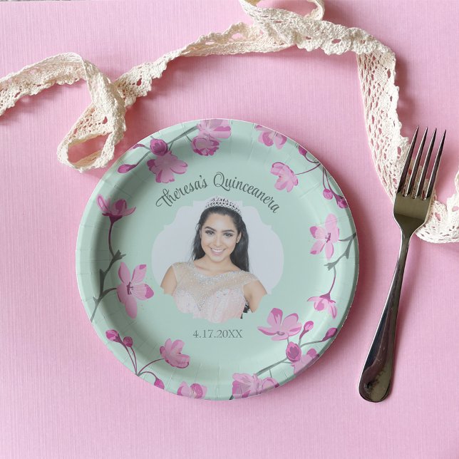 Pink Cherry Blossoms, Mint Green, Photo Paper Plates (Creator Uploaded)
