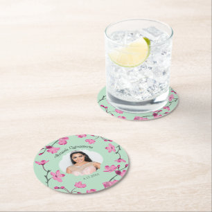 Pink Cherry Blossoms, Mint Green, Photo Round Paper Coaster