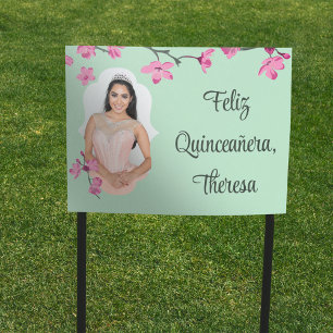 Pink Cherry Blossoms, Mint Green, Photo Sign