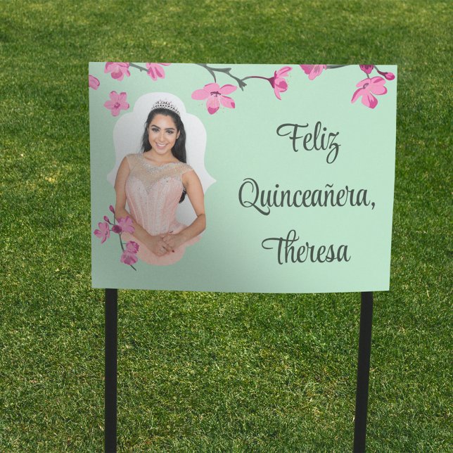 Pink Cherry Blossoms, Mint Green, Photo Sign (Creator Uploaded)