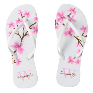 Pink Cherry Blossoms Monogrammed Flip Flops