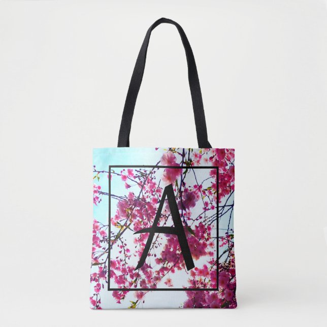 Pink Cherry blossoms - monogrammed Tote Bag (Front)