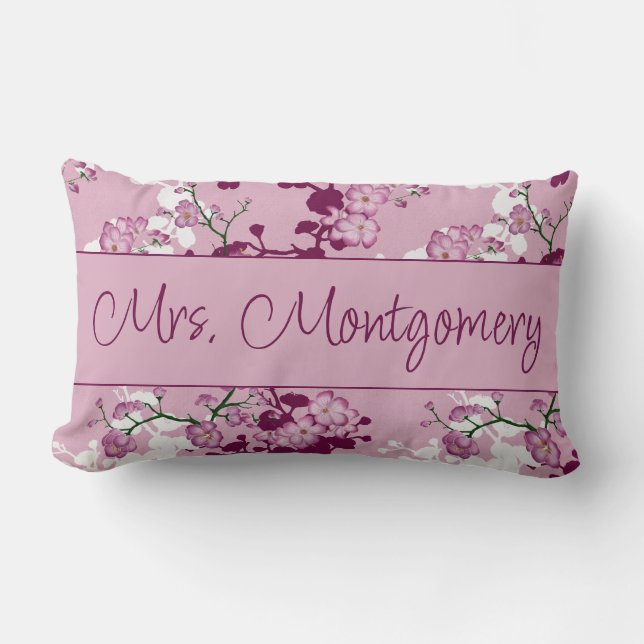 Pink Cherry Blossoms Mrs. Bridal Shower Gift Lumbar Pillow (Front)