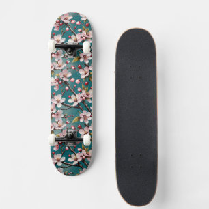 Pink Cherry Blossoms on a Moody Teal Background Skateboard