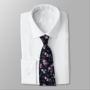 Pink cherry blossoms on a navy blue pattern neck tie