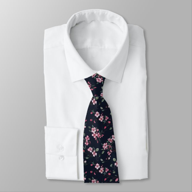 Pink cherry blossoms on a navy blue pattern neck tie (Tied)