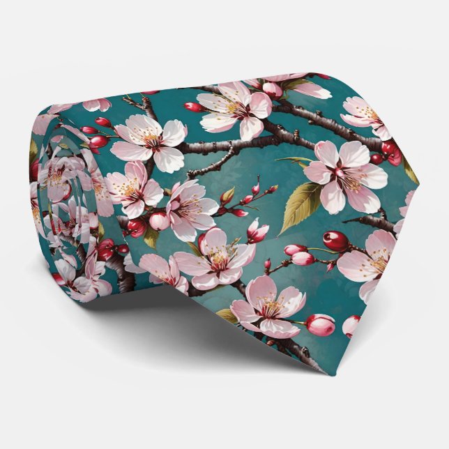 Pink Cherry Blossoms On A Teal Background Neck Tie (Rolled)