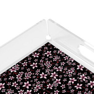 Pink Cherry Blossoms On Black Acrylic Tray