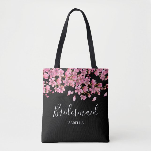 Pink Cherry Blossoms On Black Bridesmaid Tote Bag (Front)