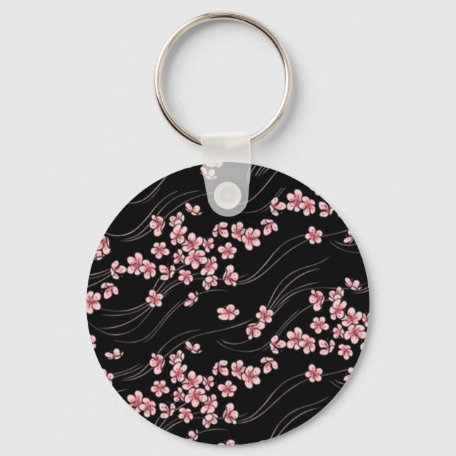Pink Cherry Blossoms on Black Keychain (Front)