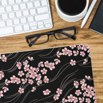 Pink Cherry Blossoms On Black Mouse Pad by Cardgallery at Zazzle