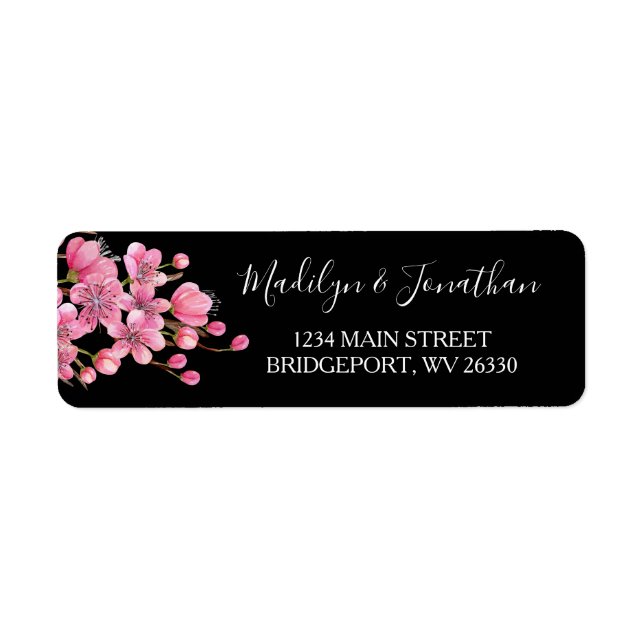 Pink Cherry Blossoms On Black Return Address Label (Front)