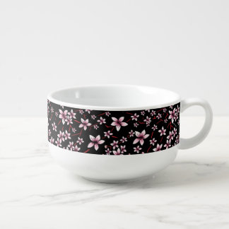Pink Cherry Blossoms On Black Soup Mug