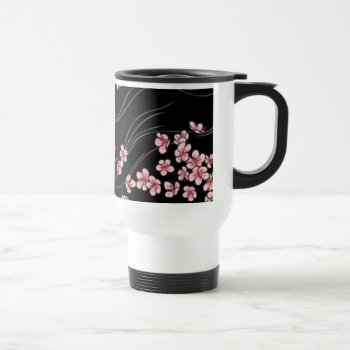 Pink Cherry Blossoms On Black Travel Mug by Cardgallery at Zazzle