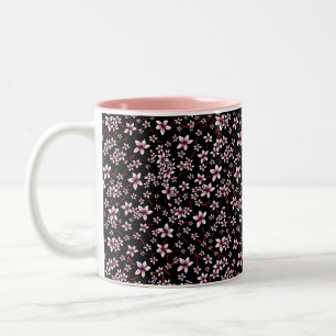 Pink Cherry Blossoms On Black Two-Tone Coffee Mug