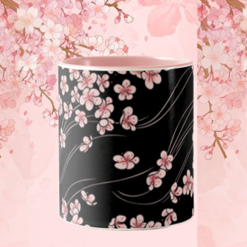 Pink Cherry Blossoms On Black Two-tone Coffee Mug by Cardgallery at Zazzle
