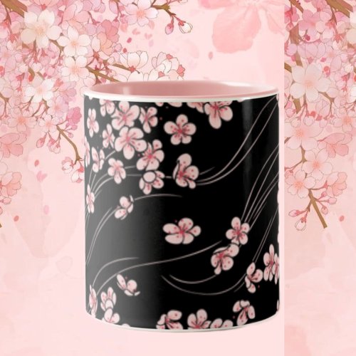 Pink Cherry Blossoms on Black Two_Tone Coffee Mug