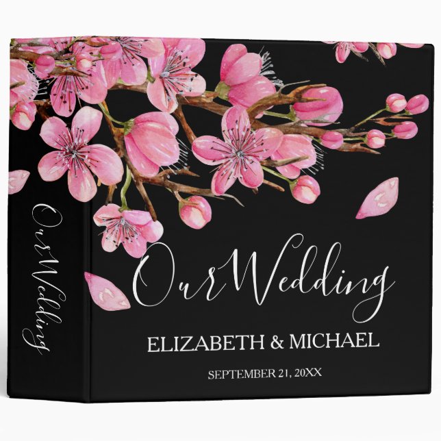 Pink Cherry Blossoms On Black Wedding Album 3 Ring Binder (Front/Spine)