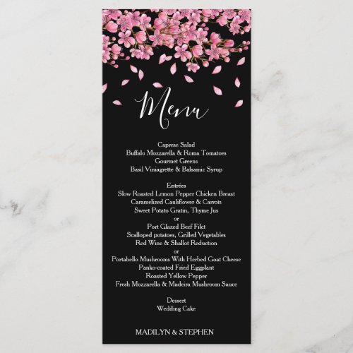 Pink Cherry Blossoms On Black Wedding Reception Menu